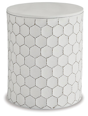 Trendsetting and contemporary. Take a fashion risk with the Polly accent stool. Outlined honeycomb design on hammered metal is teeming with texture. Decor on the solid top completes the look with style.Made of white finished metal | Excluded from promotional discounts and coupons