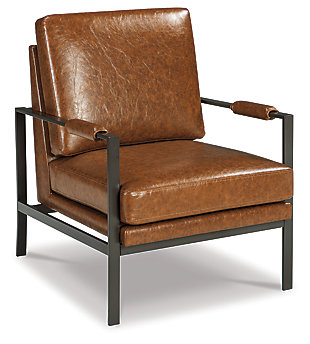 Find the perfect balance of high style and plush comfort with the Peacemaker accent chair. Ultra-linear metal frame and box seat cushion styling are sure to appeal to contemporary tastes. Weathered faux leather in a light brown tone give this cool chair a sense of warmth.Exposed metal frame in antique brass finish | Faux leather upholstery | Upholstery-wrapped padded armrests | Estimated Assembly Time: 30 Minutes