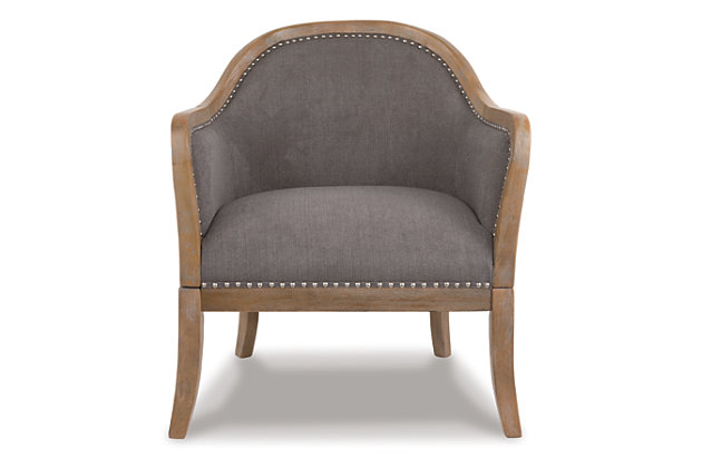 The modestly scaled Engineer accent chair is a chic design feat. Perfect for a corner spot or entryway, this curvaceous beauty sports a distressed finished frame and taupe-tone upholstery for an easy-on-the-eyes sensibility. Nailhead trim punctuating the front and back adds so much cool attitude.Attached back and seat cushions | Nailhead trim | Exposed frame in faux wood finish | Excluded from promotional discounts and coupons | Estimated Assembly Time: 15 Minutes