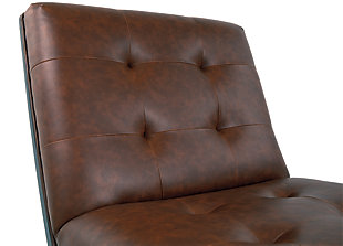 Inspired by the quintessential Barcelona chair, the Sidewinder accent chair with scissor base is high design on a comfortable budget. Fabulous faux leather is enhanced with button tufting. Armless design is an especially smart choice for small spaces.Attached back and seat cushions | Faux leather polyester upholstery | Exposed frame in faux wood finish | Estimated Assembly Time: 15 Minutes