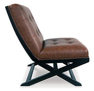 Inspired by the quintessential Barcelona chair, the Sidewinder accent chair with scissor base is high design on a comfortable budget. Fabulous faux leather is enhanced with button tufting. Armless design is an especially smart choice for small spaces.Attached back and seat cushions | Faux leather polyester upholstery | Exposed frame in faux wood finish | Estimated Assembly Time: 15 Minutes