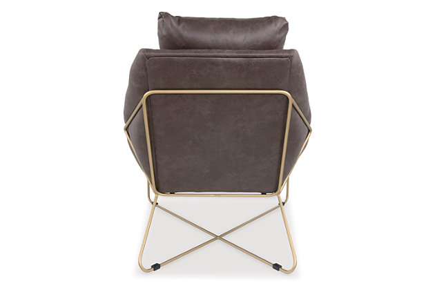 The Crosshaven accent chair is the ultimate statement piece for a cool crash pad. Goldtone metal frame with X base design is so striking. Sumptuously plush, this accent chair’s chic gray faux leather upholstery is luxury made for everyday living.Loose back and seat cushions | Faux leather upholstery | Exposed metal frame in goldtone metallic finish | Estimated Assembly Time: 15 Minutes