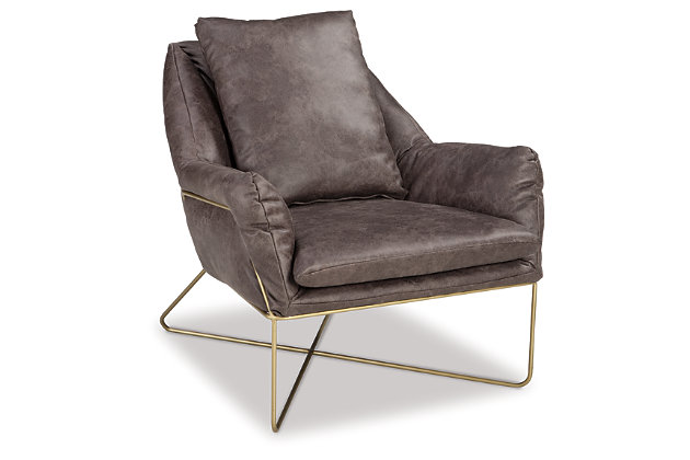 The Crosshaven accent chair is the ultimate statement piece for a cool crash pad. Goldtone metal frame with X base design is so striking. Sumptuously plush, this accent chair’s chic gray faux leather upholstery is luxury made for everyday living.Loose back and seat cushions | Faux leather upholstery | Exposed metal frame in goldtone metallic finish | Estimated Assembly Time: 15 Minutes