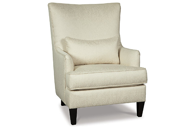 Dressed to impress with gently sloped sheltering arms and a high-back profile, the Paseo accent chair is pure delight. Lightening the mood with an ivory upholstery beautified with pebbly texture, this elegant accent chair has so much flair.Attached back and loose seat cushions | Polyester upholstery | Lumbar pillow | Wood legs in brown finish | Estimated Assembly Time: 15 Minutes