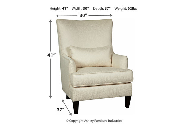 Dressed to impress with gently sloped sheltering arms and a high-back profile, the Paseo accent chair is pure delight. Lightening the mood with an ivory upholstery beautified with pebbly texture, this elegant accent chair has so much flair.Attached back and loose seat cushions | Polyester upholstery | Lumbar pillow | Wood legs in brown finish | Estimated Assembly Time: 15 Minutes