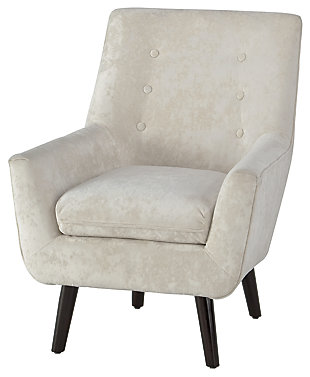 The Zossen accent chair proves that trends always come back around. Its sleek profile brings mid-century design back in style. Soft crushed velvet fabric in ivory is an upscale touch. Button tufting on the back makes this a dapper addition to your home.Attached back and loose seat cushions | Crushed velvet polyester upholstery | Exposed feet with faux wood finish | Excluded from promotional discounts and coupons | Estimated Assembly Time: 15 Minutes