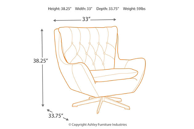 Velburg accent chair exudes laidback comfort with swagger. Wingback silhouette with supportive tufted back has a rugged cool vibe. Distressed brown fabric boasts the look of supple leather. Flaunt your dapper style all around with 360-degree swivel.Attached back and loose seat cushions | High-resiliency foam cushions wrapped in thick poly fiber | Polyester upholstery | Metal swivel base; 360-degree swivel | Excluded from promotional discounts and coupons | Estimated Assembly Time: 15 Minutes