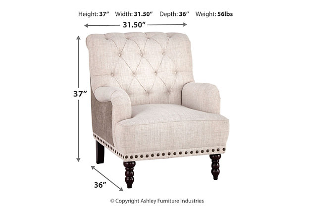 Fresh and sophisticated. The Tartonelle accent chair with button tufting is a classy addition to your home. Inside-out design with linen weave fabric on the seating area and taupe faux leather on the back. Large nailhead trim ties the look together. Charles of London arms and turned bun feet make this a stylish heirloom piece.Attached back and loose seat cushions | High-resiliency foam cushions wrapped in thick poly fiber | Linen weave interior upholstery; faux leather exterior upholstery | Polyester upholstery | Exposed feet with faux wood finish | Estimated Assembly Time: 15 Minutes