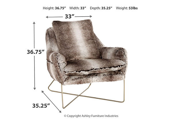 Taking cues from Scandinavian design, the contemporary Wildau accent chair welcomes you with open arms. Faux fur seat in shades of gray adds a layer of warmth and texture. Metal base is minimalistic in design but big on support. Grab a throw and cozy up.Attached back and loose seat cushions | High-resiliency foam cushions wrapped in thick poly fiber | Faux fur polyester upholstery | Metal base | Estimated Assembly Time: 15 Minutes