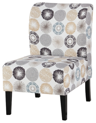 Trendy Triptis accent chair adds a fun vibe to your home. Armless design is perfect for small spaces that need a spark of excitement. Contemporary pattern in shades of charcoal and tan covers the soft fabric. Supportive cushions bring in an element of comfort.Attached back and seat cushions | High-resiliency foam cushions wrapped in thick poly fiber | Polyester upholstery | Exposed feet with faux wood finish | Excluded from promotional discounts and coupons | Estimated Assembly Time: 15 Minutes