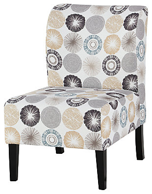 Trendy Triptis accent chair adds a fun vibe to your home. Armless design is perfect for small spaces that need a spark of excitement. Contemporary pattern in shades of charcoal and tan covers the soft fabric. Supportive cushions bring in an element of comfort.Attached back and seat cushions | High-resiliency foam cushions wrapped in thick poly fiber | Polyester upholstery | Exposed feet with faux wood finish | Excluded from promotional discounts and coupons | Estimated Assembly Time: 15 Minutes