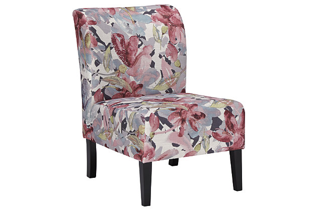 Trendy Triptis accent chair adds a fun vibe to your home. Armless design is perfect for small spaces that need a spark of excitement. Watercolor pattern in shades of plum and charcoal covers the soft fabric. Supportive cushions bring in an element of comfort.Attached back and seat cushions | High-resiliency foam cushions wrapped in thick poly fiber | Polyester upholstery | Exposed feet with faux wood finish | Excluded from promotional discounts and coupons