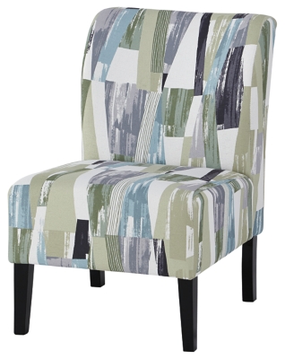 Trendy Triptis accent chair adds a fun vibe to your home. Armless design is perfect for small spaces that need a spark of excitement. Contemporary pattern in shades of green, blue and gray covers the soft fabric. Supportive cushions bring in an element of comfort.Attached back and seat cushions | High-resiliency foam cushions wrapped in thick poly fiber | Polyester upholstery | Exposed feet with faux wood finish | Excluded from promotional discounts and coupons | Estimated Assembly Time: 15 Minutes