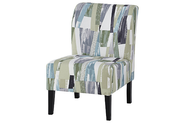 Trendy Triptis accent chair adds a fun vibe to your home. Armless design is perfect for small spaces that need a spark of excitement. Contemporary pattern in shades of green, blue and gray covers the soft fabric. Supportive cushions bring in an element of comfort.Attached back and seat cushions | High-resiliency foam cushions wrapped in thick poly fiber | Polyester upholstery | Exposed feet with faux wood finish | Excluded from promotional discounts and coupons | Estimated Assembly Time: 15 Minutes