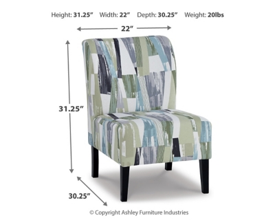 Trendy Triptis accent chair adds a fun vibe to your home. Armless design is perfect for small spaces that need a spark of excitement. Contemporary pattern in shades of green, blue and gray covers the soft fabric. Supportive cushions bring in an element of comfort.Attached back and seat cushions | High-resiliency foam cushions wrapped in thick poly fiber | Polyester upholstery | Exposed feet with faux wood finish | Excluded from promotional discounts and coupons | Estimated Assembly Time: 15 Minutes