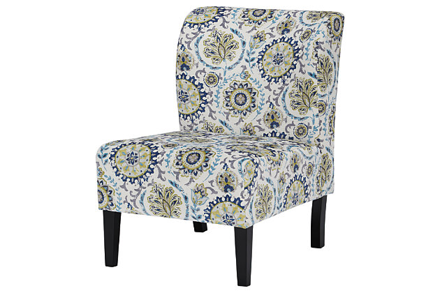 Trendy Triptis accent chair adds a fun vibe to your home. Armless design is perfect for small spaces that need a spark of excitement. Suzani pattern in shades of green and blue covers the soft fabric. Supportive cushions bring in an element of comfort.Attached back and seat cushions | High-resiliency foam cushions wrapped in thick poly fiber | Polyester upholstery | Exposed feet with faux wood finish | Excluded from promotional discounts and coupons