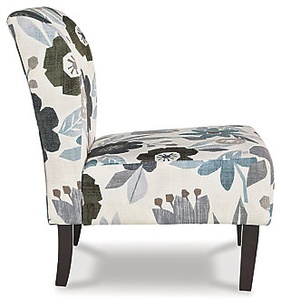 The fashion-forward Triptis accent chair adds a cool vibe to your home. Armless design is perfect for small spaces that need a spark of color. The ivory, blue, charcoal and brown floral-patterned upholstery will brighten your space and bring in an element of comfort.Attached back and seat cushions | Ivory, blue, charcoal and brown floral pattern polyester upholstery | Wood legs in black finish | Assembly required | Estimated Assembly Time: 15 Minutes