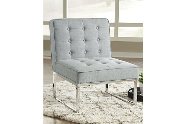 Button-tufted seat? Yes, please. The armless Cimarosse accent chair allures with contemporary appeal. Gorgeous chrome-tone base supports two comforting light gray cushions. Its neutral aesthetic complements your home with an upscale touch.Attached back and seat cushions | High-resiliency foam cushions wrapped in thick poly fiber | Polyester upholstery | Metal base in chrome-tone finish | Estimated Assembly Time: 30 Minutes