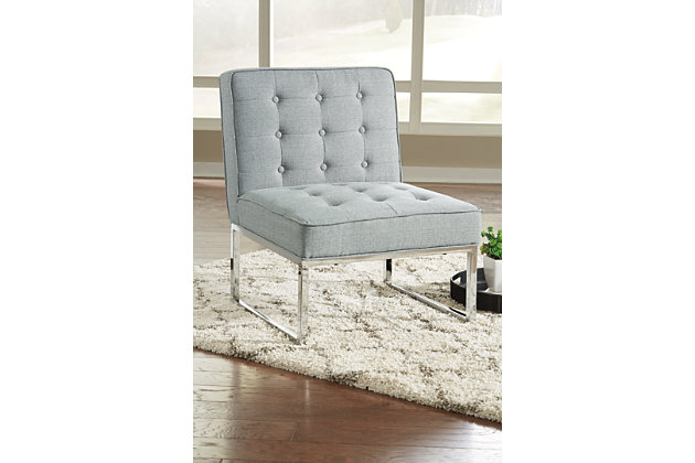 Button-tufted seat? Yes, please. The armless Cimarosse accent chair allures with contemporary appeal. Gorgeous chrome-tone base supports two comforting light gray cushions. Its neutral aesthetic complements your home with an upscale touch.Attached back and seat cushions | High-resiliency foam cushions wrapped in thick poly fiber | Polyester upholstery | Metal base in chrome-tone finish | Estimated Assembly Time: 30 Minutes