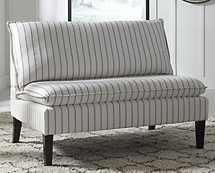 Modern farmhouse style has your name written all over it with the Arrowrock settee. Pillow back and pillow top seat are as comfortable as they look, making your house more homey. Soft cream fabric boasts a timeless gray pin stripe. How charming is that?Made of wood | Polyester upholstery | Foam cushioned seat | Exposed legs with faux wood finish | Estimated Assembly Time: 30 Minutes