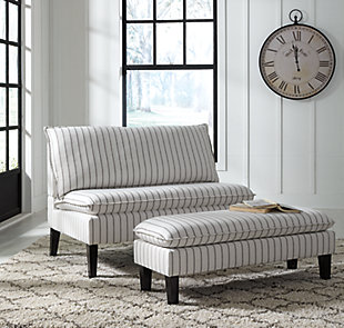 Modern farmhouse style has your name written all over it with the Arrowrock settee. Pillow back and pillow top seat are as comfortable as they look, making your house more homey. Soft cream fabric boasts a timeless gray pin stripe. How charming is that?Made of wood | Polyester upholstery | Foam cushioned seat | Exposed legs with faux wood finish | Estimated Assembly Time: 30 Minutes