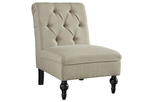 New traditions are welcomed with open arms when they look like the armless Degas accent chair. Make over your home with its timeless yet fashion-forward appeal. Diamond-tufted seat back elevates the oh-so-soft fabric. Front turned legs are a small design touch that make a big style impact. Place two of these with your favorite accent table for a classy sitting area.High-resiliency foam cushion wrapped in thick poly fiber | Attached back and seat cushions | Linen weave upholstery | Frame with faux wood finish | Estimated Assembly Time: 15 Minutes