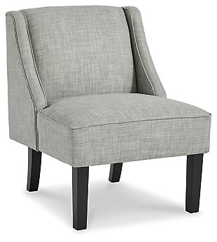 Crisp and cool, but not without its own curves, this accent chair lends a quiet confidence to your room. The feel-good fabric and slope arm design set the tone for all proclaimed casually cool spaces.Gray polyester upholstery | Wood legs in black finish | Assembly required | Estimated Assembly Time: 30 Minutes