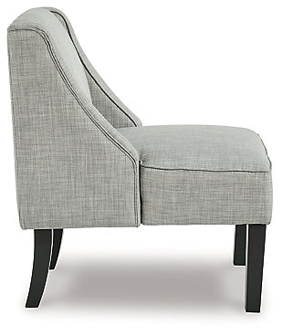 Crisp and cool, but not without its own curves, this accent chair lends a quiet confidence to your room. The feel-good fabric and slope arm design set the tone for all proclaimed casually cool spaces.Gray polyester upholstery | Wood legs in black finish | Assembly required | Estimated Assembly Time: 30 Minutes
