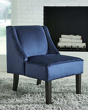 Warm and luxurious, but not without its own curves, the Janesley accent chair lends a quiet confidence to your room. The feel-good fabric and slope arm design set the tone for all proclaimed casually cool spaces.Navy blue polyester velvet upholstery | Wood legs in black finish | Assembly required | Estimated Assembly Time: 15 Minutes