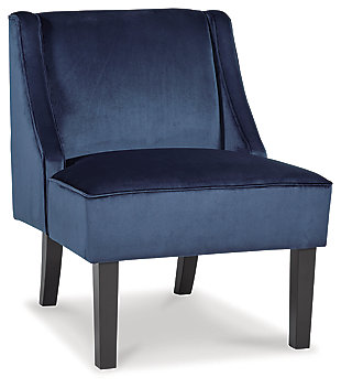 Warm and luxurious, but not without its own curves, the Janesley accent chair lends a quiet confidence to your room. The feel-good fabric and slope arm design set the tone for all proclaimed casually cool spaces.Navy blue polyester velvet upholstery | Wood legs in black finish | Assembly required | Estimated Assembly Time: 15 Minutes