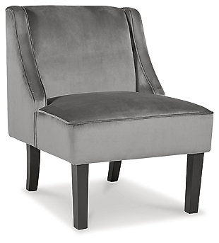 Warm and luxurious, but not without its own curves, the Janesley accent chair lends a quiet confidence to your room. The feel-good fabric and slope arm design set the tone for all proclaimed casually cool spaces.Gray polyester velvet upholstery | Wood legs in black finish | Assembly required | Estimated Assembly Time: 15 Minutes