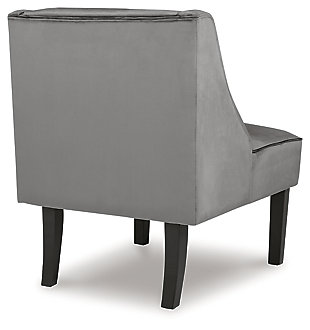 Warm and luxurious, but not without its own curves, the Janesley accent chair lends a quiet confidence to your room. The feel-good fabric and slope arm design set the tone for all proclaimed casually cool spaces.Gray polyester velvet upholstery | Wood legs in black finish | Assembly required | Estimated Assembly Time: 15 Minutes