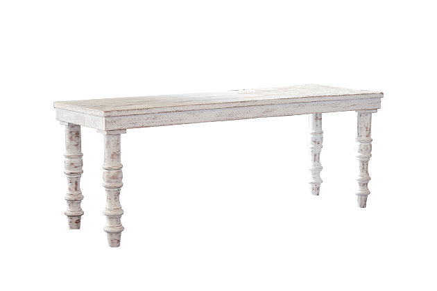 The Dannerville accent bench is all about vintage charm with present-day flair. Antiqued white finish brings character to this woody ensemble. Turned legs elevate the silhouette with curves.Made of wood, engineered wood and veneers | Antiqued white finish | Estimated Assembly Time: 15 Minutes