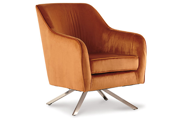 Today’s casual lifestyles call for updates to familiar profiles. The Hangar swivel chair is a refreshing take on mid-century seating. Upholstered in an utterly on-trend rust colored velvet, this barrel-backed beauty keeps you right in the swing of things. Chrome-tone canted legs blend mid-century and modern design with ease.Polyester velvet upholstery | Barrel back and attached seat cushion | Metal swivel base in silvertone finish | 360-degree swivel | Assembly required | Estimated Assembly Time: 15 Minutes