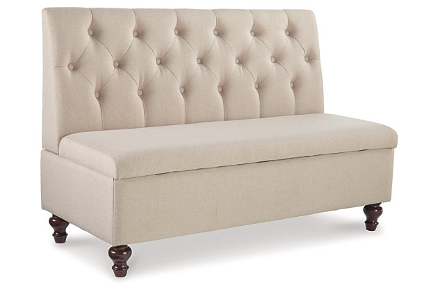 Finally, a storage option that’s a fabulous focal point. Whether gracing an entryway or adding a finishing touch to a family room, the Gwendale storage bench is sitting pretty. Armless styling is especially space efficient. Deep button tufting lends such a luxurious look.Beige polyester fabric | Foam cushioning | Button tufting | Wood legs in dark brown finish | Engineered wood bench interior | Hinged top with storage | Estimated Assembly Time: 30 Minutes
