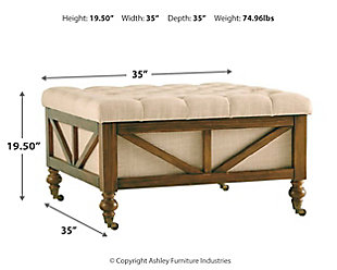 Chic, streamlined and ultra mobile, the Kyleman storage ottoman is utterly in vogue. The roomy storage compartment keeps blankets, remote controls and other odds and ends out of sight but easily accessible. Sumptuous tufting adds so much allure. All this along with smooth-gliding casters that let the good times roll.Made with solid wood | Neutral polyester upholstery | Tufted top | Foam cushion | Flip-top reveals storage compartment | Wood legs with brown finish and smooth-gliding casters | Assembly required | Estimated Assembly Time: 15 Minutes