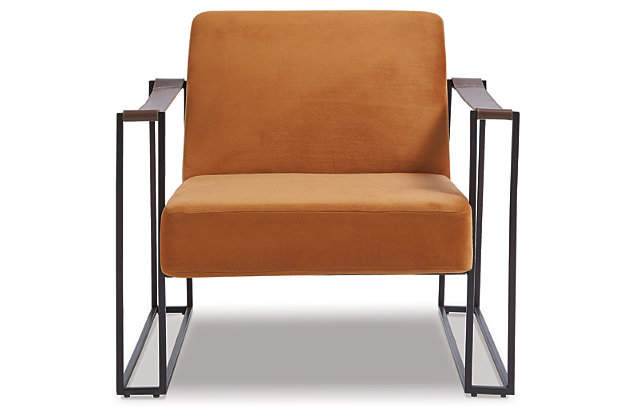 Less is so much more with the ultra-cool Kleemore accent chair. A mastery in open-concept living, this chair with sturdy metal base is enriched with thickly cushioned velvet upholstered seats. Brown leather armrests are a strapping touch.Metal base in oil-rubbed bronze-tone finish | Attached cushions | Polyester velvet upholstery over foam cushioned seat | Leather strap armrests | Estimated Assembly Time: 15 Minutes