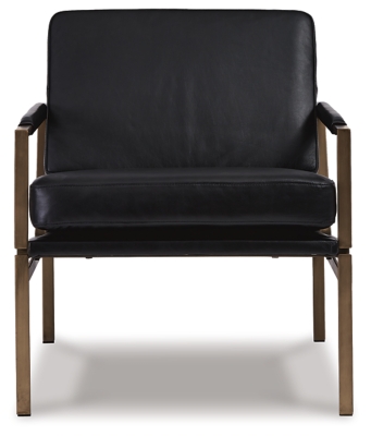 With its ultra-modern vibe and ultra-indulgent feel, the Puckman accent chair impresses with high-end looks priced to entice. Polished nickel-tone metal frame is a sleek, chic complement to the richly appointed black leather seating. Talk about the lap of luxury.Metal frame in polished nickel-tone finish | Attached cushions | Black leather upholstery over foam cushioned seat | Track arms with upholstered detail | Estimated Assembly Time: 30 Minutes