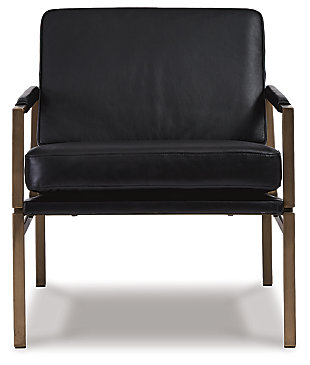 With its ultra-modern vibe and ultra-indulgent feel, the Puckman accent chair impresses with high-end looks priced to entice. Polished nickel-tone metal frame is a sleek, chic complement to the richly appointed black leather seating. Talk about the lap of luxury.Metal frame in polished nickel-tone finish | Attached cushions | Black leather upholstery over foam cushioned seat | Track arms with upholstered detail | Estimated Assembly Time: 30 Minutes