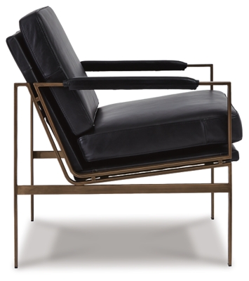 With its ultra-modern vibe and ultra-indulgent feel, the Puckman accent chair impresses with high-end looks priced to entice. Polished nickel-tone metal frame is a sleek, chic complement to the richly appointed black leather seating. Talk about the lap of luxury.Metal frame in polished nickel-tone finish | Attached cushions | Black leather upholstery over foam cushioned seat | Track arms with upholstered detail | Estimated Assembly Time: 30 Minutes