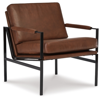 With its ultra-modern vibe and ultra-indulgent feel, the Puckman accent chair impresses with high-end looks priced to entice. Dark metal frame is a chic complement to the richly appointed brown leather seating. Talk about the lap of luxury. With its oil-rubbed bronze-tone finish and urban industrial feel, the Puckman accent chair impresses with high-end looks priced to entice.Metal frame in oil-rubbed bronze-tone finish | Attached cushions | Brown leather upholstery over foam cushioned seat | Track arms with upholstered detail | Estimated Assembly Time: 30 Minutes