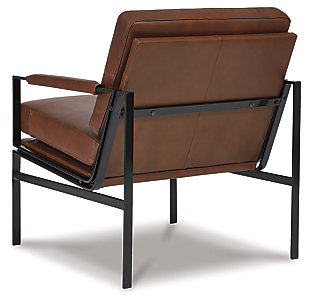 With its ultra-modern vibe and ultra-indulgent feel, the Puckman accent chair impresses with high-end looks priced to entice. Dark metal frame is a chic complement to the richly appointed brown leather seating. Talk about the lap of luxury. With its oil-rubbed bronze-tone finish and urban industrial feel, the Puckman accent chair impresses with high-end looks priced to entice.Metal frame in oil-rubbed bronze-tone finish | Attached cushions | Brown leather upholstery over foam cushioned seat | Track arms with upholstered detail | Estimated Assembly Time: 30 Minutes