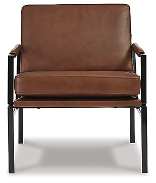 With its ultra-modern vibe and ultra-indulgent feel, the Puckman accent chair impresses with high-end looks priced to entice. Dark metal frame is a chic complement to the richly appointed brown leather seating. Talk about the lap of luxury. With its oil-rubbed bronze-tone finish and urban industrial feel, the Puckman accent chair impresses with high-end looks priced to entice.Metal frame in oil-rubbed bronze-tone finish | Attached cushions | Brown leather upholstery over foam cushioned seat | Track arms with upholstered detail | Estimated Assembly Time: 30 Minutes