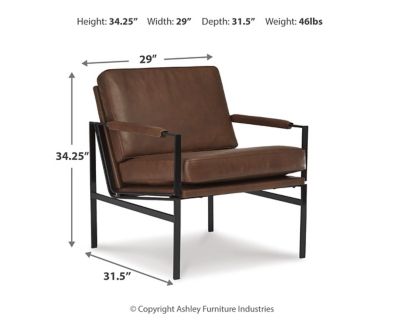 With its ultra-modern vibe and ultra-indulgent feel, the Puckman accent chair impresses with high-end looks priced to entice. Dark metal frame is a chic complement to the richly appointed brown leather seating. Talk about the lap of luxury. With its oil-rubbed bronze-tone finish and urban industrial feel, the Puckman accent chair impresses with high-end looks priced to entice.Metal frame in oil-rubbed bronze-tone finish | Attached cushions | Brown leather upholstery over foam cushioned seat | Track arms with upholstered detail | Estimated Assembly Time: 30 Minutes