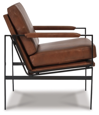 With its ultra-modern vibe and ultra-indulgent feel, the Puckman accent chair impresses with high-end looks priced to entice. Dark metal frame is a chic complement to the richly appointed brown leather seating. Talk about the lap of luxury. With its oil-rubbed bronze-tone finish and urban industrial feel, the Puckman accent chair impresses with high-end looks priced to entice.Metal frame in oil-rubbed bronze-tone finish | Attached cushions | Brown leather upholstery over foam cushioned seat | Track arms with upholstered detail | Estimated Assembly Time: 30 Minutes