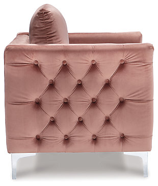 Attention divas…we've reserved you a seat! An indulgent choice for highly contemporary spaces, the painstakingly crafted Lizmont chair in blush pink lures with its sleek lines, deep tufting, silvertone sheen and velvety soft feel. If nothing but high glam will do, this sensationally styled accent chair is for you.Loose back and attached seat cushions | Polyester velvet upholstery in blush pink | Foam cushioned seat and sides | Metal legs and nailhead trim in silvertone finish | Estimated Assembly Time: 15 Minutes