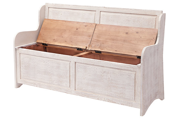 Whether gracing a front entry, living room, kitchen or mudroom, the Dannerville wood storage bench is loaded with vintage charm. Pew-style bench design and antique white finish are right on trend.Made of wood | Antique white finish | Hinged seat with storage | Estimated Assembly Time: 30 Minutes