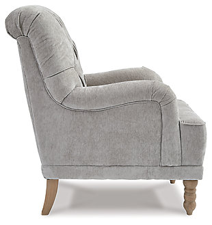 Give your classic style a modern edge with the Dinara accent chair. The diamond tufted back and dove gray color combine to create an elevated piece that pays homage to time-honored design while remaining entirely current.Polyester upholstery | Diamond tufted back | High-resiliency foam cushions wrapped in thick poly fiber | Attached back and t-seat cushion | Turned wood legs in light brown finish | Platform foundation system resists sagging 3x better than spring system after 20,000 testing cycles by providing more even support | Smooth platform foundation maintains tight, wrinkle-free look without dips or sags that can occur over time with sinuous spring foundations | Estimated Assembly Time: 15 Minutes
