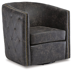 Classic style gets an urban upgrade in the Brentlow accent chair. The barrel back and tufted sides evoke swanky private clubs while the distressed black faux leather keeps it current.Barrel back and loose seat cushion | Upholstered in distressed black faux leather | Foam cushions wrapped in thick poly fiber | Tufted sides | Antiqued brass-tone nailhead detail | Metal swivel base