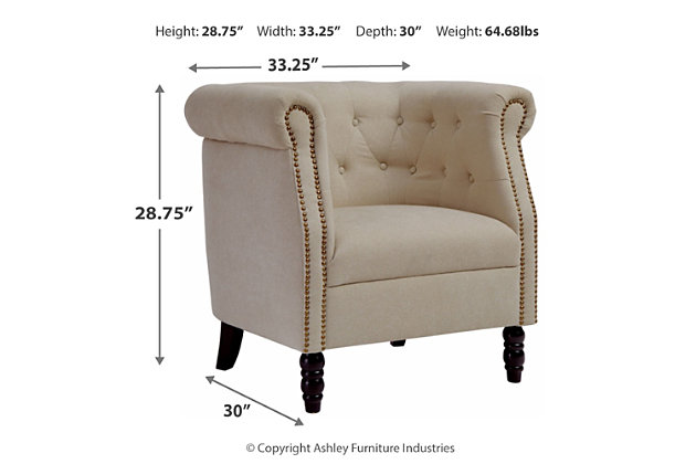 Bring a European style to your home with the Jacquelyne accent chair. The soft beige color is sophisticated and subtle while the tufted barrel back and turned wood legs evoke an air of exclusivity. Make your space your own private club with this uptown piece.Button tufted barrel back | Attached seat cushion with spring construction | Foam cushions wrapped in thick poly fiber | Soft beige polyester upholstery | Nailhead detail | Wood turned legs in black finish | Estimated Assembly Time: 15 Minutes
